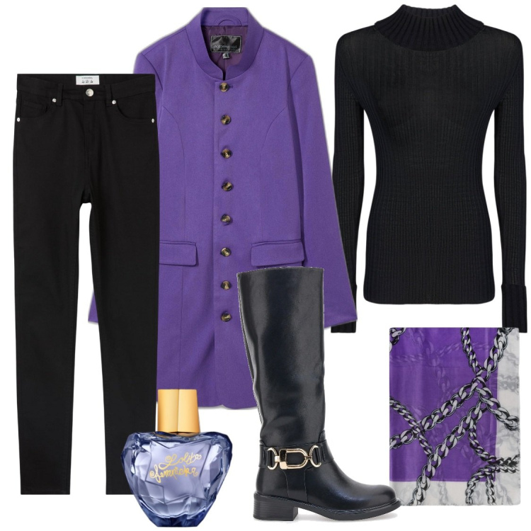 Outfit donna - Viola acceso. Stile Casual chic per Tutti i giorni. Abbinamento con blazer, profumi, pantaloni skinny, stivali, maglieria, sciarpe.