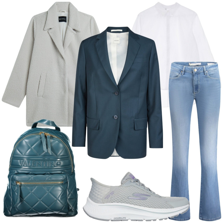 Outfit donna - Total look #2030458. Stile Trendy per Tutti i giorni. Abbinamento con camicie, cappotti, sneakers, jeans, zaini, blazer.