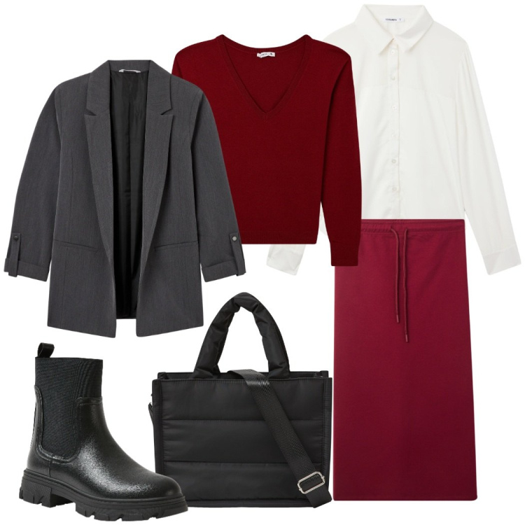 Outfit donna - Look ufficio. Stile Urban per Ufficio. Abbinamento con shopping bag, gonne, maglieria, stivaletti chelsea, blazer, camicie.