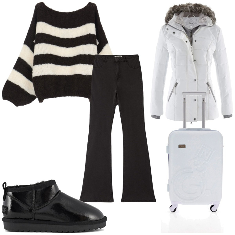 Outfit donna - Anno nuovo, nuovo stile : vacanze inverna. Stile Trendy per Tutti i giorni. Abbinamento con piumini, jeggings, maglieria, stivali, valigie.