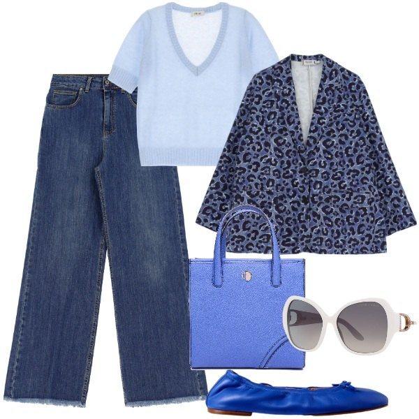 Outfit donna - Un nuovo anno, un nuovo stile. Stile Trendy per Ufficio. Abbinamento con blazer, jeans, maglieria, occhiali da sole, ballerine, shopping bag.