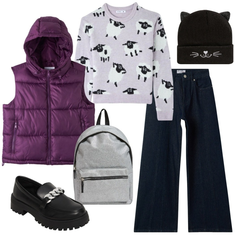 Outfit donna - Back to school. Stile Casual chic per Scuola/Università. Abbinamento con jeans, mocassini, berretti, maglieria, piumini, zaini.