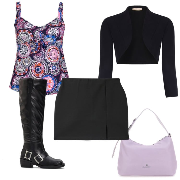 Outfit donna - Un nuovo anno : serata glamour. Stile Glamour per Serata fuori. Abbinamento con top, stivali sopra il ginocchio, minigonne, bolero, borse a tracolla.