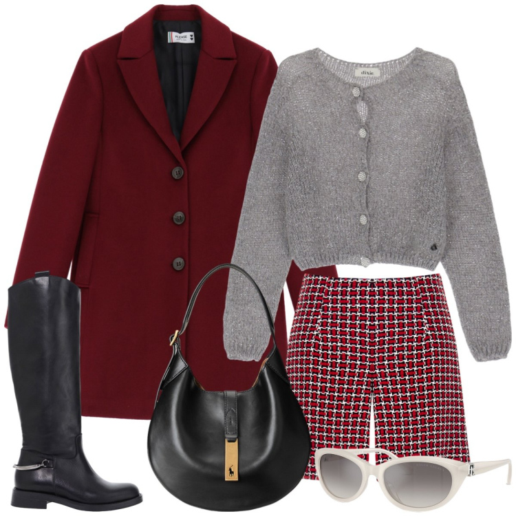 Outfit donna - Total look #2030494. Stile Preppy per Tutti i giorni. Abbinamento con shorts, cappotti, stivali, borse a spalla, occhiali da sole, cardigans.