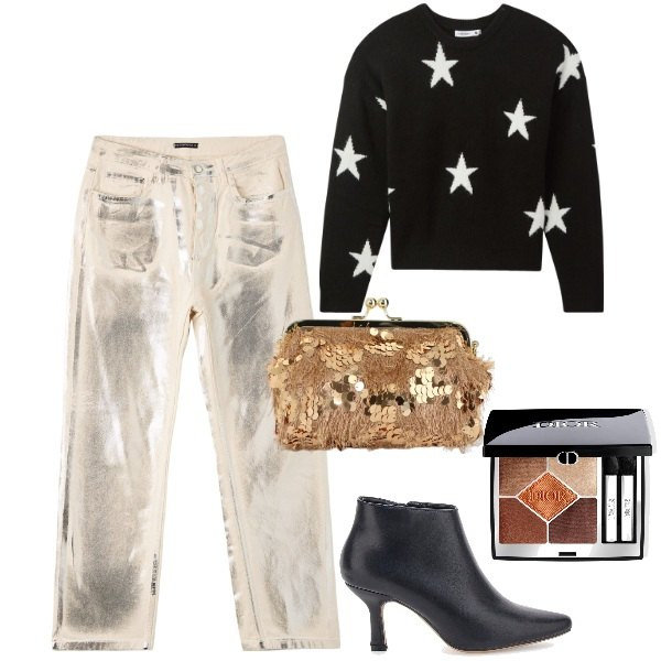 Outfit donna - Un nuovo anno, un nuovo stile. Stile Rock per Serata fuori. Abbinamento con ombretti, jeans, maglieria, borse a spalla, stivaletti.