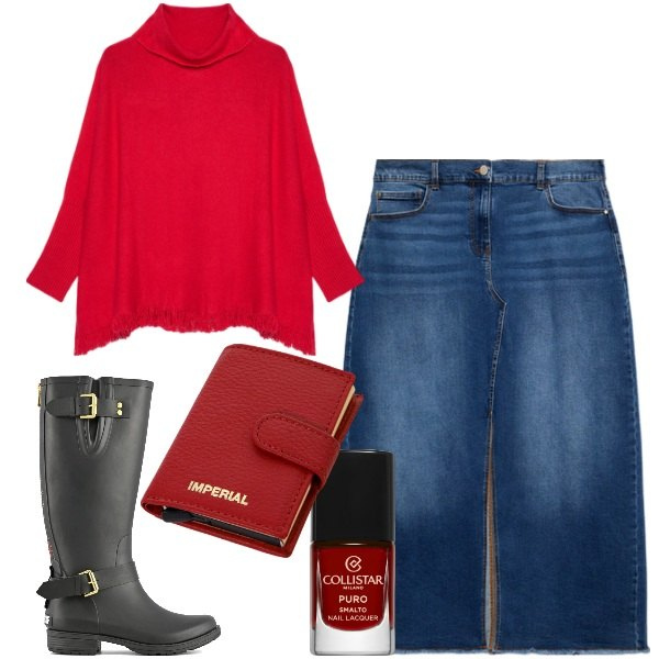 Outfit donna - Red passion. Stile Trendy per Tutti i giorni. Abbinamento con smalti, portafogli, stivali, gonne lunghe, maglieria.
