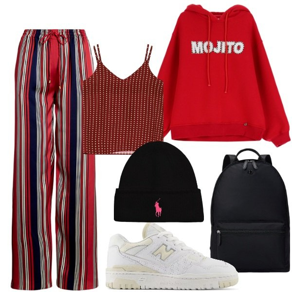 Outfit donna - Red passion. Stile Sporty chic per Tutti i giorni. Abbinamento con sneakers, top, felpe con cappuccio, zaini, berretti, pantaloni.