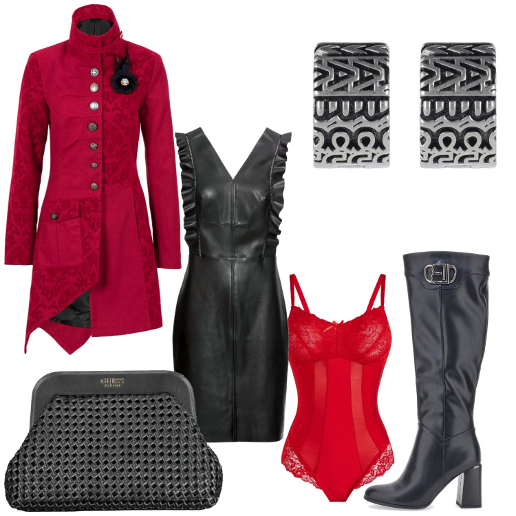 Outfit donna - Total look #2030517. Stile Rock per Serata fuori. Abbinamento con body, cappotti, vestiti, stivali, borse a mano, orecchini.