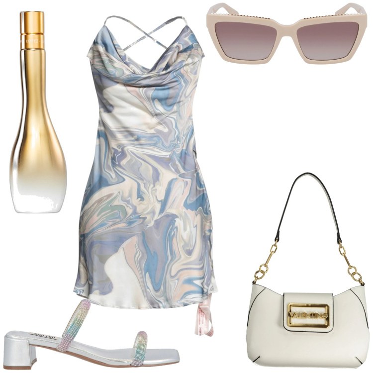 Outfit donna - Vengo al ristorante al mare. Stile Sexy per Tutti i giorni. Abbinamento con vestiti corti, sandali in pelle, profumi, occhiali da sole, borse a spalla.