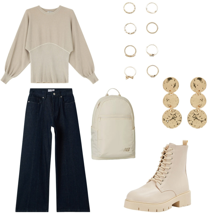 Outfit donna - Total look #2030520. Stile Casual chic per Tutti i giorni. Abbinamento con jeans, anfibi, anelli, maglieria, zaini, orecchini.