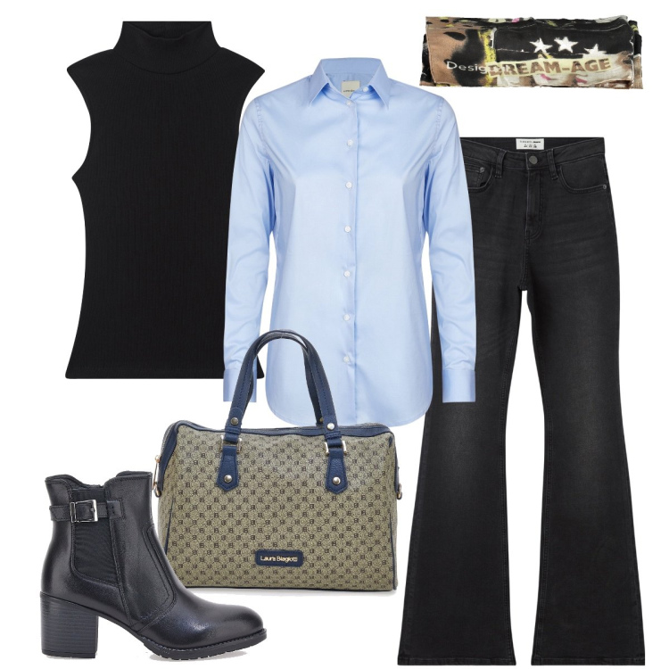 Outfit donna - Rientro in ufficio. Stile Casual chic per Ufficio. Abbinamento con jeans a zampa, top, borse a spalla, stivaletti, camicie, foulard.