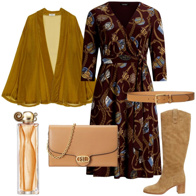 Outfit donna - Look sinuoso. Stile Glamour per Serata fuori. Abbinamento con profumi, blazer, vestiti, borse a tracolla, stivali, cinture.