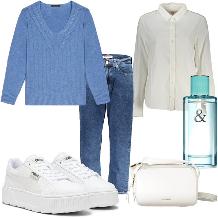 Outfit donna - In giro occasioni con amiche. Stile Casual per Tutti i giorni. Abbinamento con profumi, sneakers, maglieria, jeans, camicie, borse a tracolla.