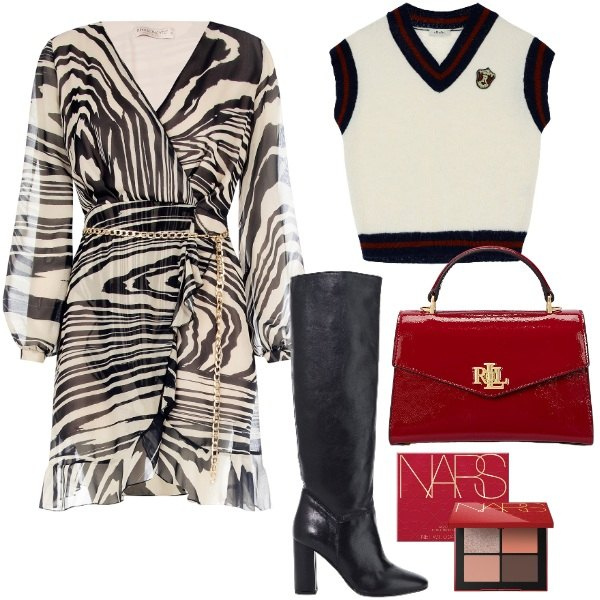 Outfit donna - Abbraccia le tue curve con il wrap dress. Stile Chic per Ufficio. Abbinamento con stivali, ombretti, gilet, vestiti, borse a mano.