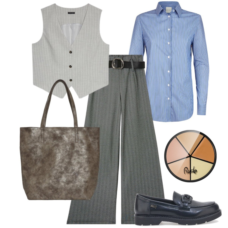 Outfit donna - Righe protagoniste. Stile Mannish per Ufficio. Abbinamento con correttori, pantaloni, borse tote, camicie, mocassini, gilet.