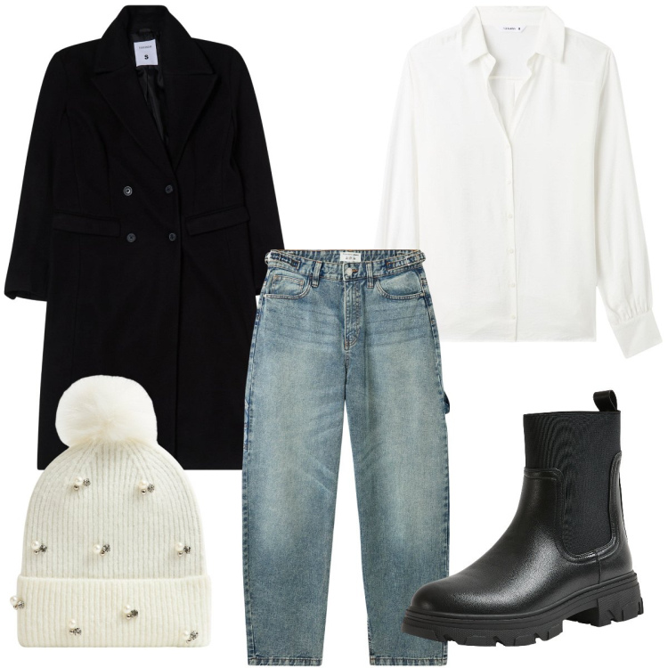 Outfit donna - Relax dopo le feste. Stile Urban per Tutti i giorni. Abbinamento con berretti, camicie, stivaletti chelsea, jeans, cappotti.