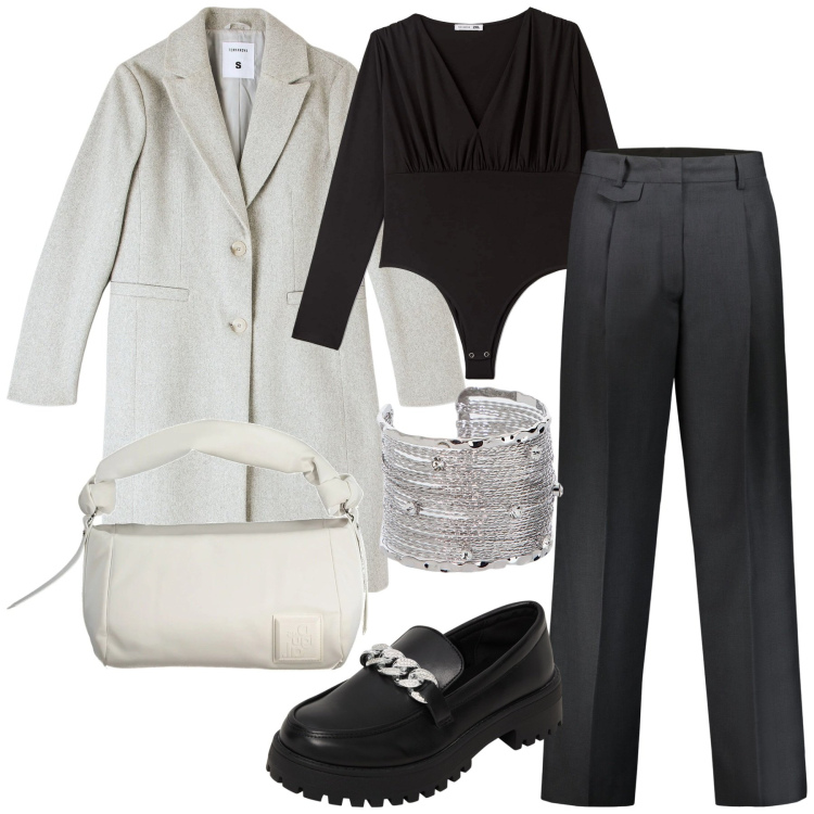 Outfit donna - New year - new layers. Stile Minimal per Tutti i giorni. Abbinamento con mocassini, cappotti, body, braccialetti, pantaloni, borse a spalla.