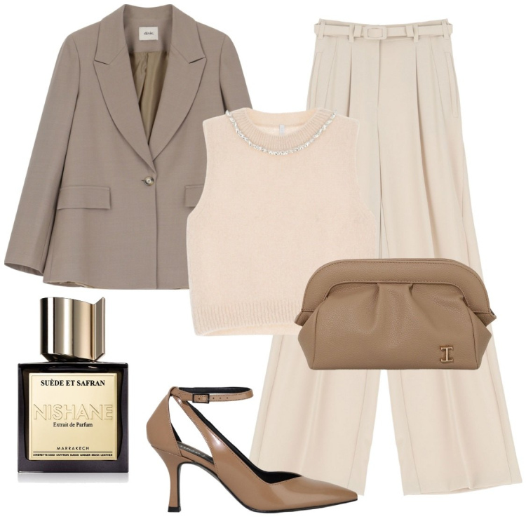 Outfit donna - Cerimonia all\'improvviso. Stile Chic per Cerimonia. Abbinamento con profumi, maglieria, borse a mano, pantaloni, décolleté, blazer.