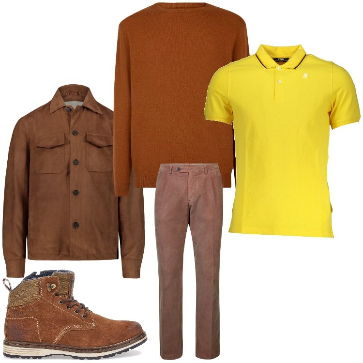 Outfit uomo - Un raggio di sole. Stile Casual per Tutti i giorni. Abbinamento con giacche, pantaloni, maglieria, polo, stivali e stivaletti.