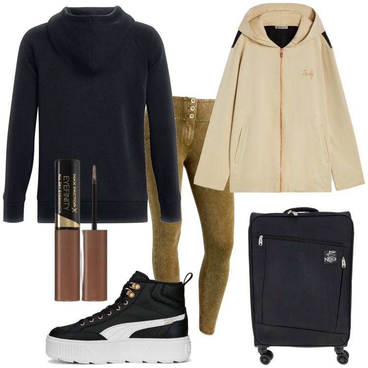 Outfit donna - Rinnoviamo lo stile. Stile Trendy per Tutti i giorni. Abbinamento con ombretti, pantaloni skinny, felpe con cappuccio, sneakers, felpe con cappuccio, valigie.