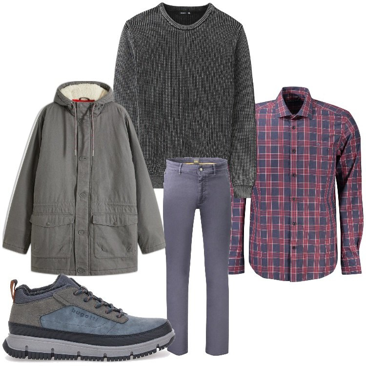 Outfit uomo - Quadretti e grigio. Stile Casual per Tutti i giorni. Abbinamento con parka, maglieria, stivali e stivaletti, pantaloni, camicie.