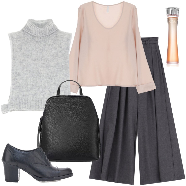 Outfit donna - Il gilet a lupetto. Stile Urban per Ufficio. Abbinamento con profumi, camicie, gilet, zaini, pantaloni a palazzo, scarpe stringate.