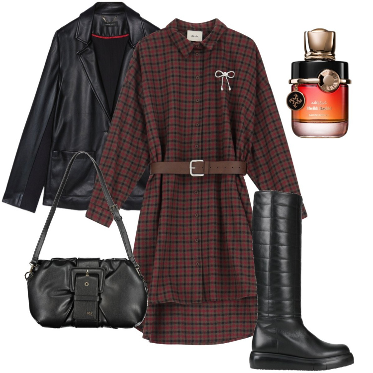 Outfit donna - Il vestitino a quadri. Stile Trendy per Tutti i giorni. Abbinamento con stivali, profumi, vestiti, blazer, borse a mano.