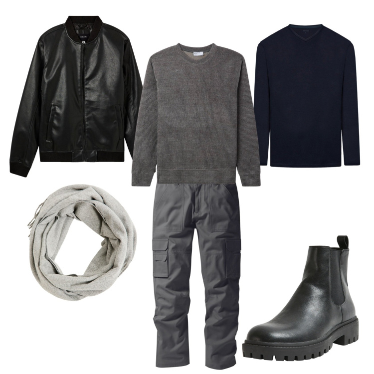Outfit uomo - Sfumature di grigio. Stile Urban per Tutti i giorni. Abbinamento con pantaloni cargo, bomber, stivali e stivaletti, sciarpe, pullovers, t-shirt.