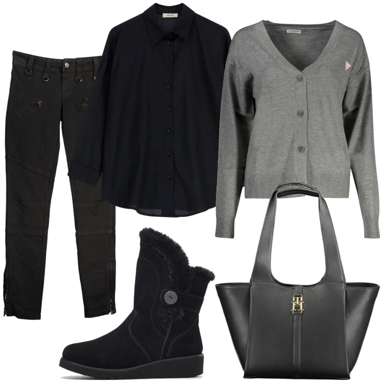 Outfit donna - Rientrare con comodità. Stile Casual per Ufficio. Abbinamento con stivali, camicie, cardigans, borse a spalla, pantaloni.