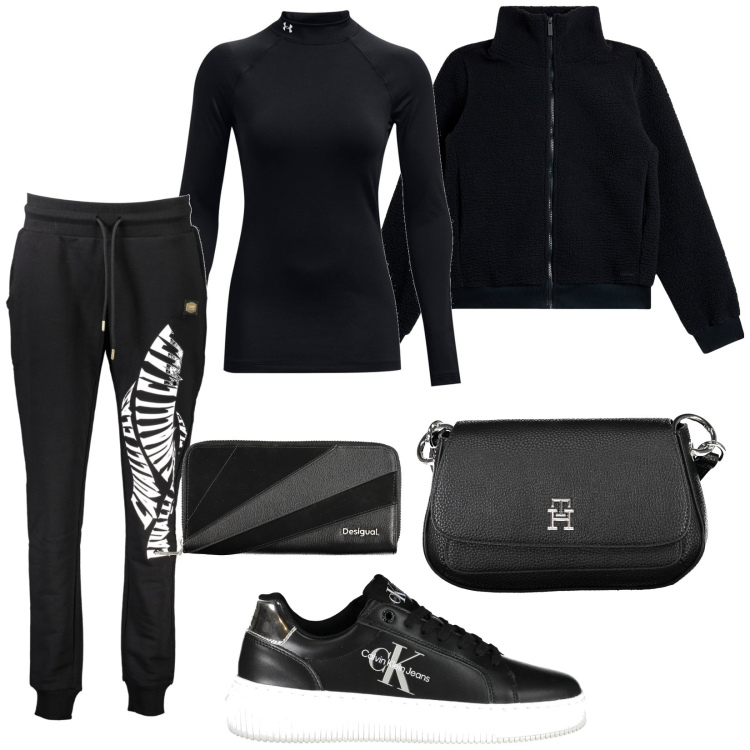 Outfit donna - Comoda in black. Stile Casual per Tutti i giorni. Abbinamento con blazer, pullovers, pantaloni, borse a tracolla, sneakers, portafogli.