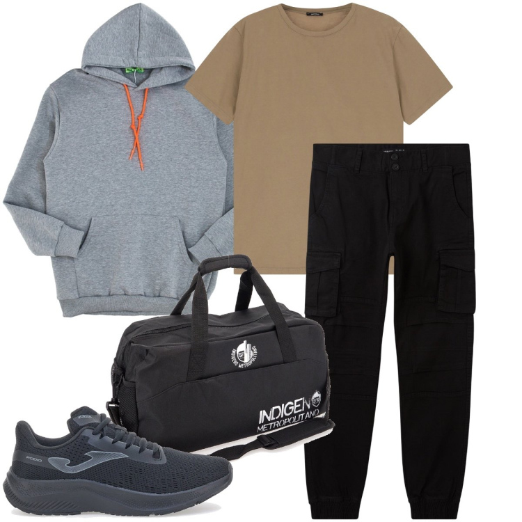 Outfit uomo - In palestra. Stile Casual per Sport. Abbinamento con pantaloni cargo, t-shirt, borse sportive, felpe con cappuccio, sneakers.