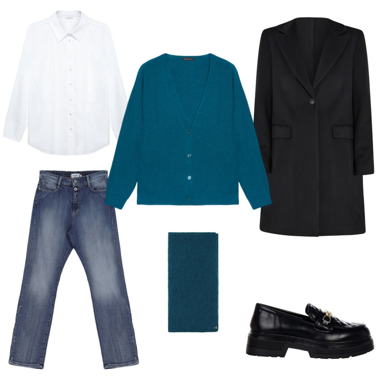 Outfit donna - Ottanio. Stile Casual chic per Tutti i giorni. Abbinamento con jeans dritti, mocassini, cappotti, stole, cardigans, camicie.