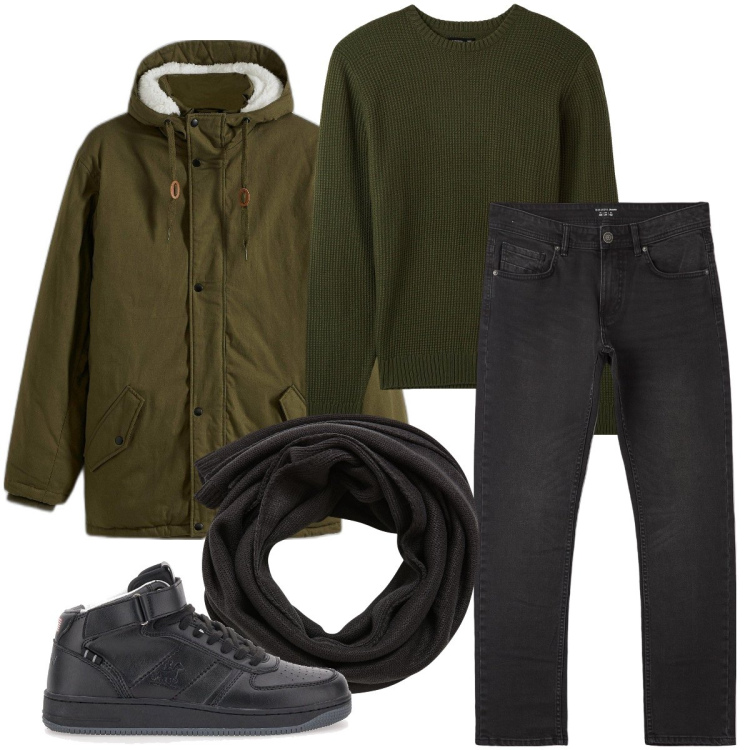 Outfit uomo - Il parka verde. Stile Casual per Tutti i giorni. Abbinamento con parka, jeans dritti, sciarpe, maglieria, sneakers.