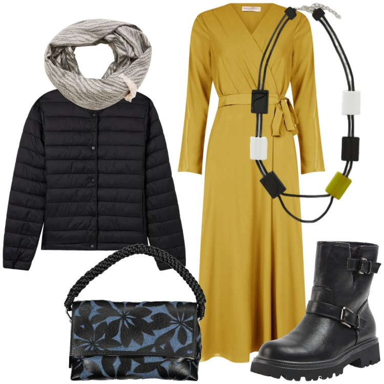 Outfit donna - Grintoso verde oliva. Stile Casual chic per Tutti i giorni. Abbinamento con stivaletti, piumini, sciarpe, vestiti chemisier, borse a spalla, collane.