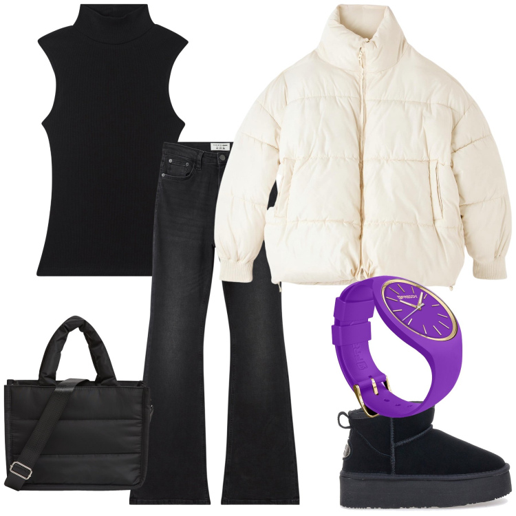 Outfit donna - Il tocco colorato dell orologio. Stile Trendy per Tutti i giorni. Abbinamento con shopping bag, jeans a zampa, piumini, top, orologi, stivaletti.