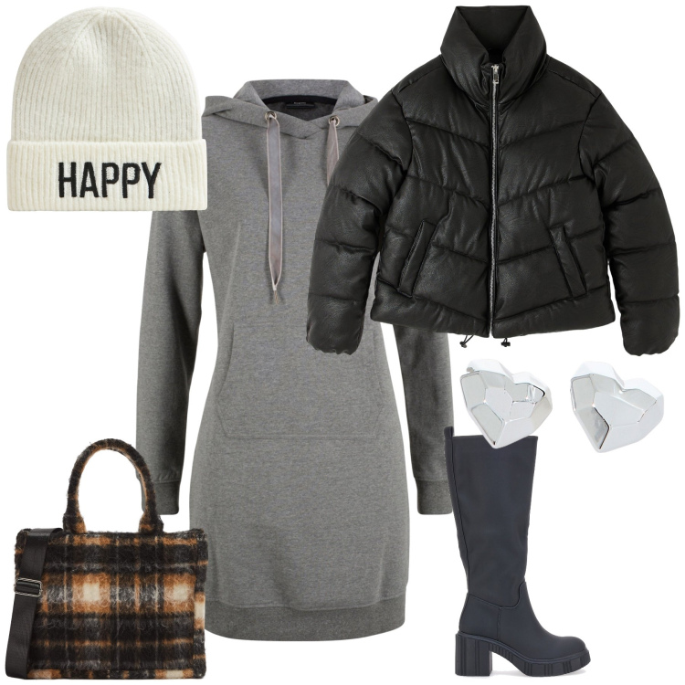 Outfit donna - Happy look. Stile Trendy per Tutti i giorni. Abbinamento con vestiti, shopping bag, berretti, piumini, orecchini, stivali.