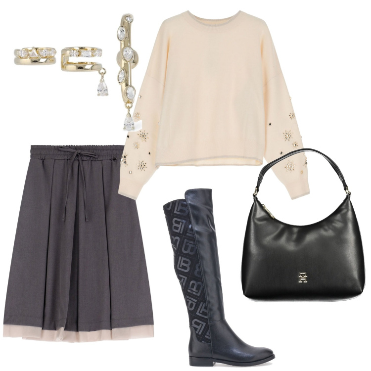 Outfit donna - Cena tra amiche. Stile Casual chic per Serata fuori. Abbinamento con gonne longuette, maglieria, stivali sopra il ginocchio, orecchini, borse a spalla.