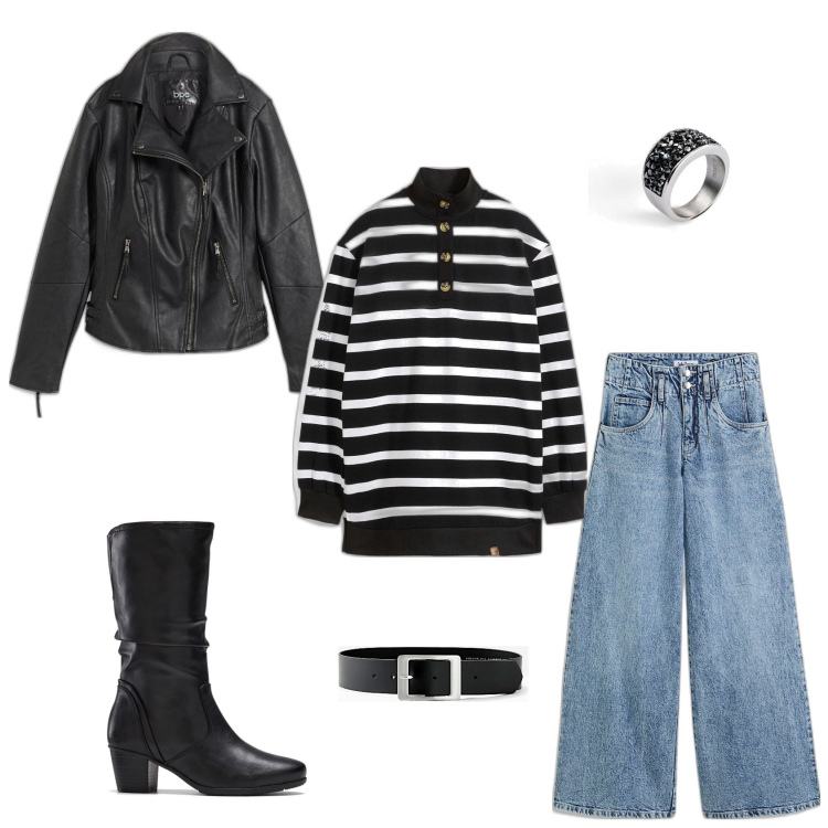Outfit donna - Righe, pelle e denim. Stile Preppy per Tutti i giorni. Abbinamento con blazer, anelli, cinture, stivali, felpe, jeans.