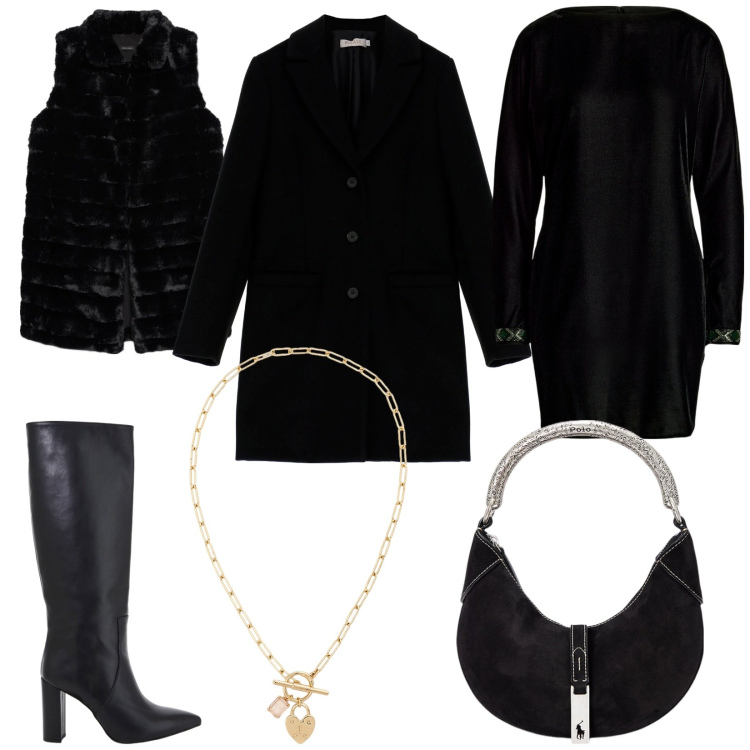 Outfit donna - Nuovo anno nuovo stile. Stile Chic per Serata fuori. Abbinamento con cappotti, stivali, vestiti, borse a spalla, collane, gilet.