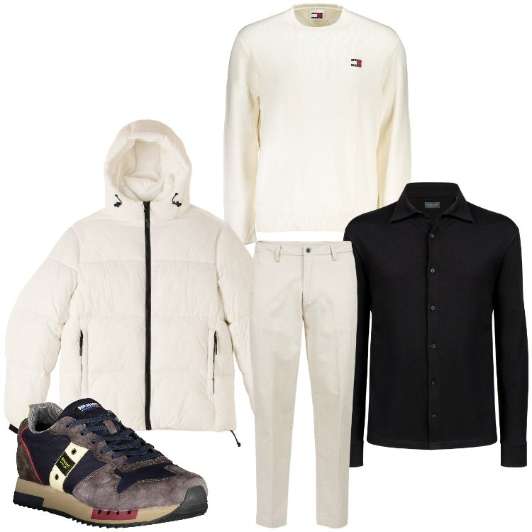 Outfit uomo - Come la neve. Stile Casual per Tutti i giorni. Abbinamento con piumini, polo, pantaloni, maglieria, sneakers.