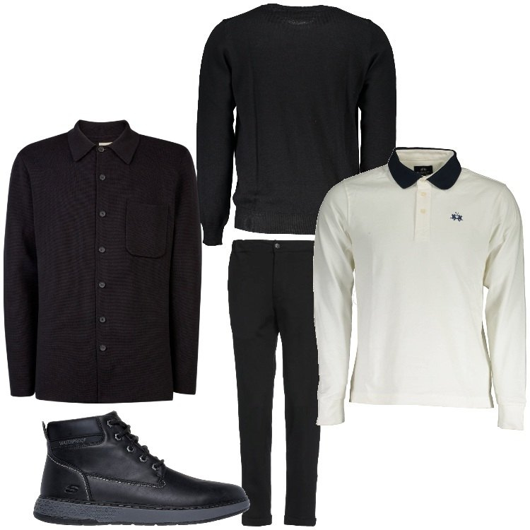 Outfit uomo - Ritorno in ufficio. Stile Business/Elegante per Ufficio. Abbinamento con pantaloni, stivali e stivaletti, cappotti, polo, maglieria.