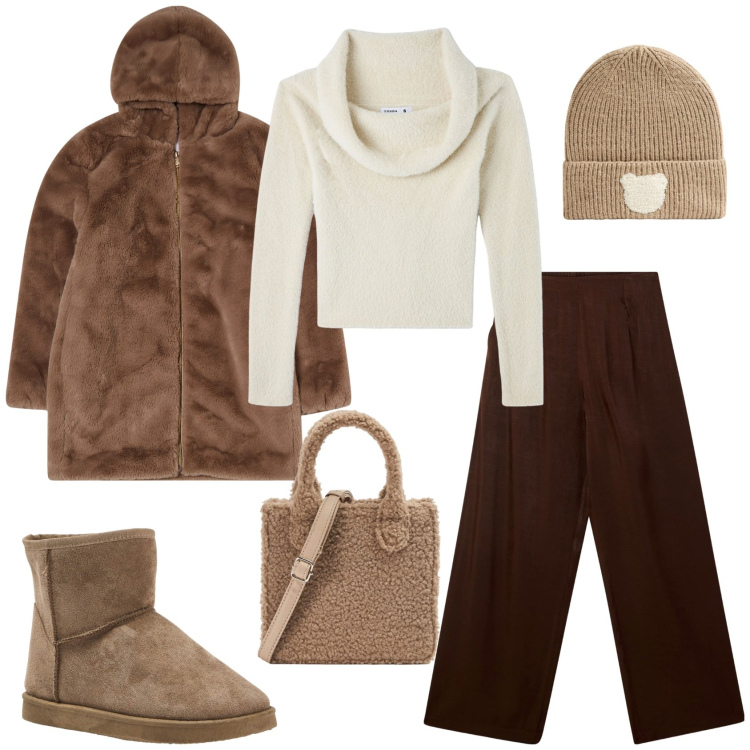 Outfit donna - Teddy winter. Stile Trendy per Tutti i giorni. Abbinamento con maglieria, pantaloni, stivaletti, shopping bag, berretti, ecopellicce.