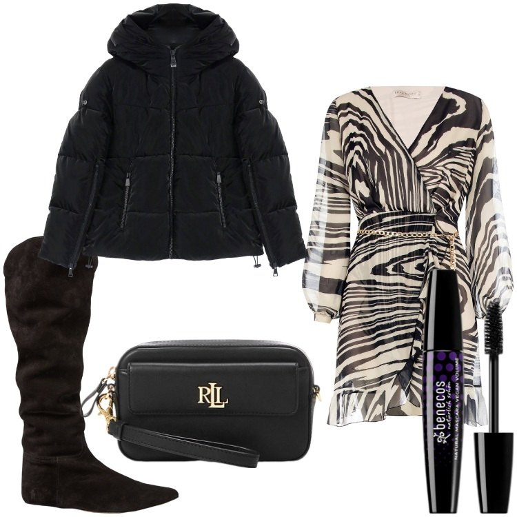 Outfit donna - Vestitino e stivali. Stile Casual chic per Ufficio. Abbinamento con mascara, vestiti, piumini, pochette, stivali sopra il ginocchio.