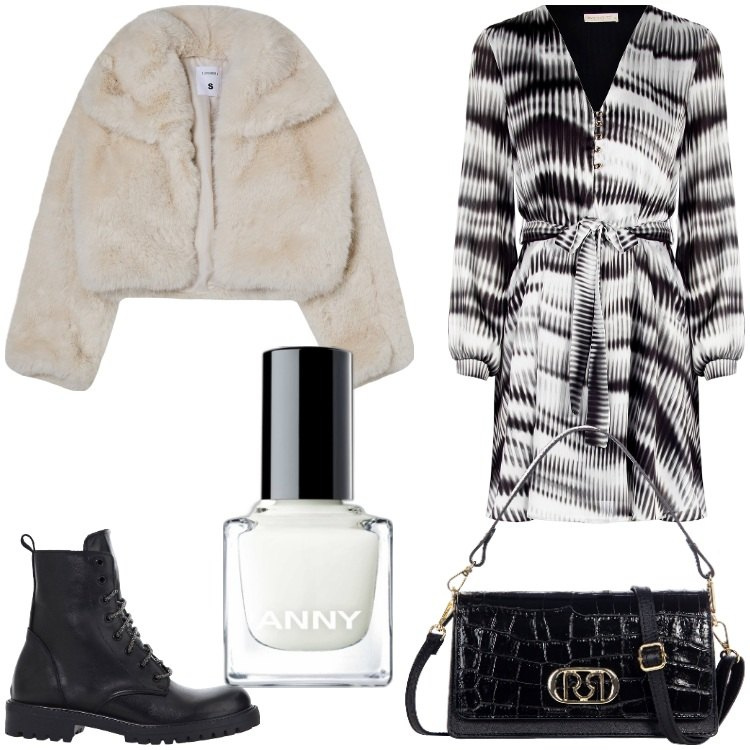 Outfit donna - Inverno in bianco e nero. Stile Casual chic per Serata fuori. Abbinamento con smalti, blazer, borse a tracolla, vestiti corti, stivaletti.