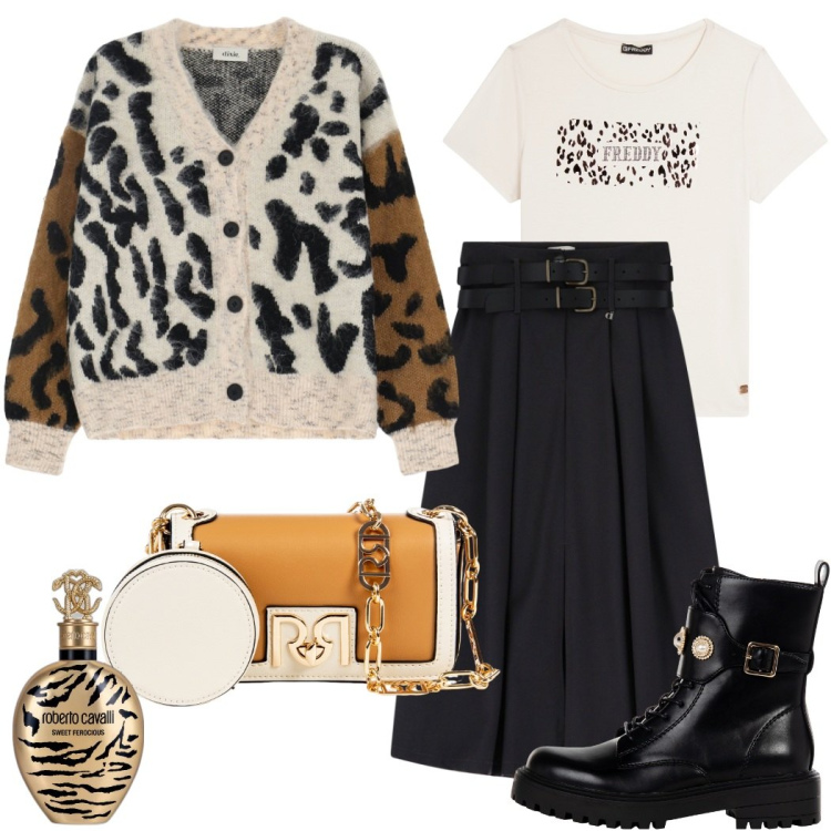 Outfit donna - Jungle style. Stile Glamour per Serata fuori. Abbinamento con profumi, anfibi, pochette, gonne, cardigans, t-shirt.