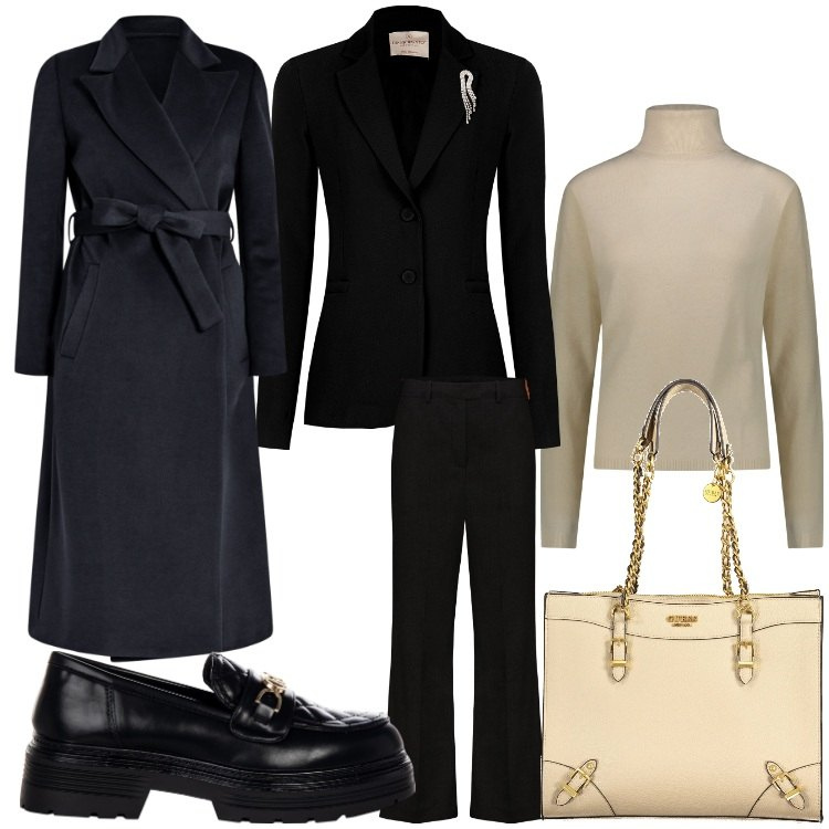 Outfit donna - Pronta per il lavoro. Stile Casual chic per Ufficio. Abbinamento con cappotti, mocassini, blazer, pullovers, borse a spalla, pantaloni.