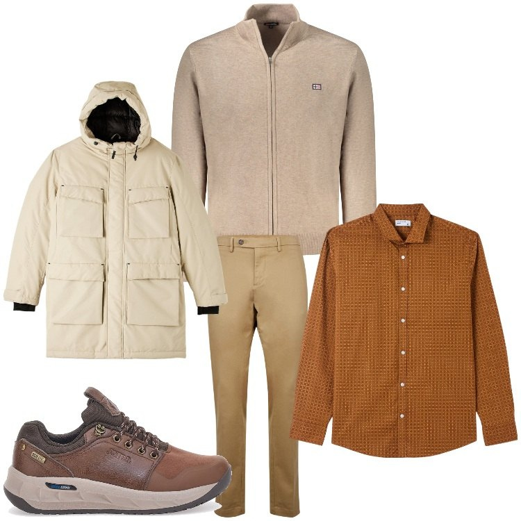 Outfit uomo - Marrone su marrone. Stile Casual per Ufficio. Abbinamento con camicie, parka, sneakers, pantaloni chino, cardigans.