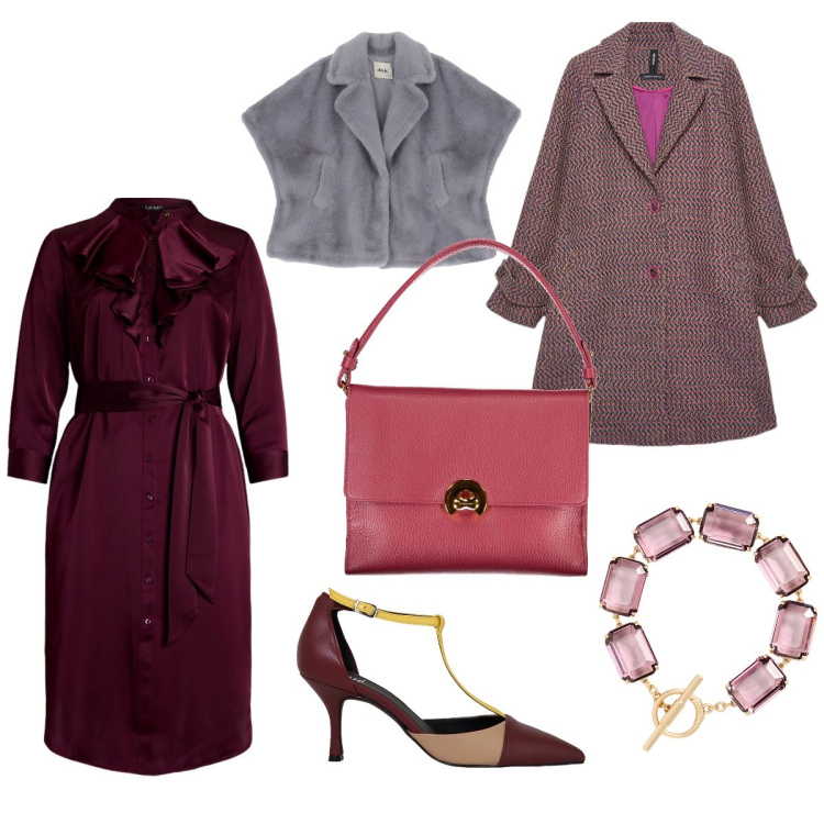 Outfit donna - Dal borgogna al Rosa. Stile Bon Ton per Tutti i giorni. Abbinamento con vestiti, braccialetti, décolleté, blazer, borse a spalla, cappotti.