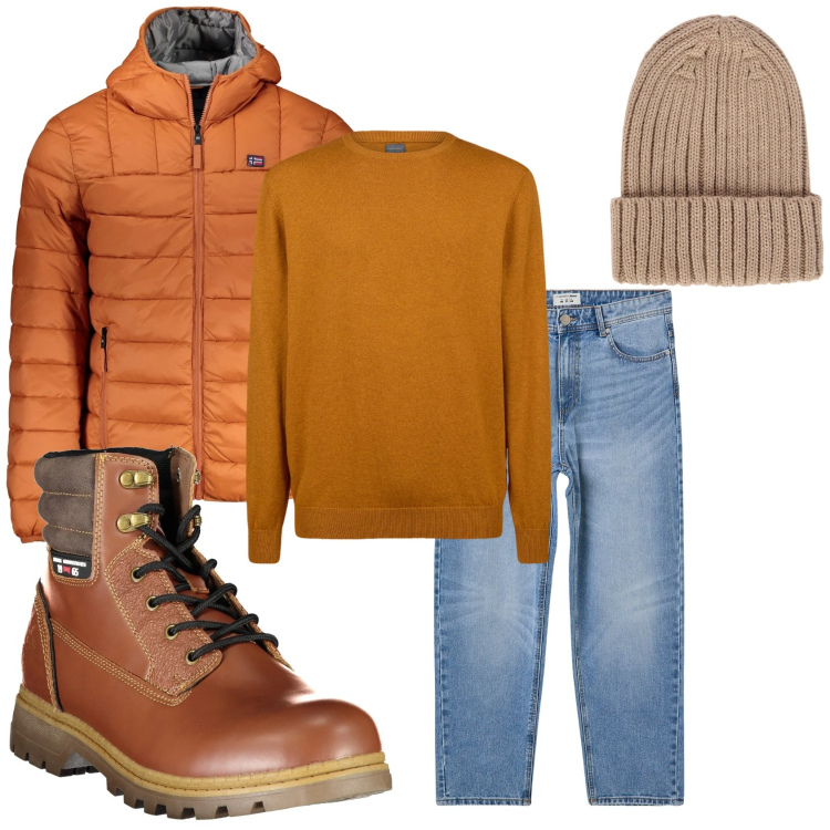 Outfit uomo - Marrone miele con il freddo. Stile Urban per Tutti i giorni. Abbinamento con jeans, maglieria, berretti, stivali, giacche.