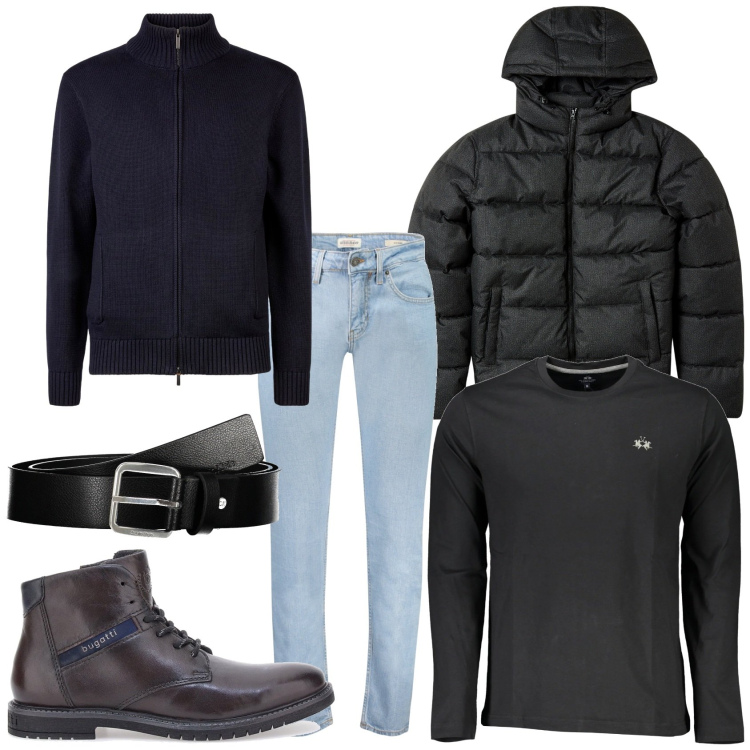 Outfit uomo - A casa di amici. Stile Urban per Tutti i giorni. Abbinamento con giacche, stivali e stivaletti, cardigans, t-shirt, cinture, jeans skinny.